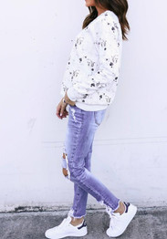 White Floral Print Round Neck Casual Pullover Sweatshirt