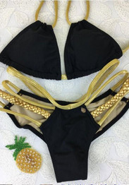 Black Patchwork Condole Belt Cut Out 2-in-1 V-neck Swimwear