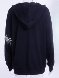 New Black Drawstring Chain Pockets Hooded Long Sleeve Casual Sweatshirt