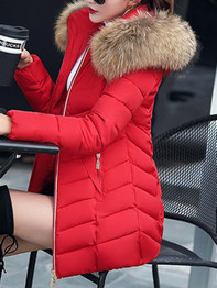 Red Patchwork Fur Pockets Zipper Hooded Long Sleeve Casual Coat