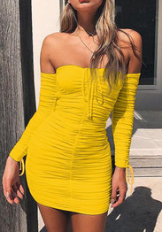 Yellow Drawstring Cascading Ruffle Boat Neck Long Sleeve Mini Dress