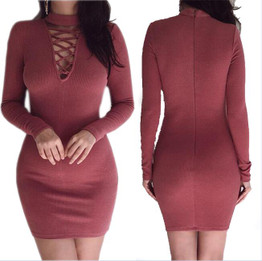 Women Dresses Zipper O-neck Sexy Knitted Dress Long Sleeve Bodycon Sheath Pack Hip Dress