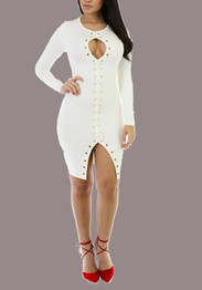 White Cut Out Lace-up Front Slit Clubwear Party Long Sleeve Midi Dress