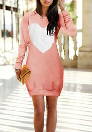 Casual Pink Love Print Round Neck Long Sleeve Mini Dress