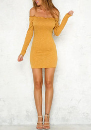 Casual Ginger Yellow Ruffle Boat Neck Long Sleeve Sweet Mini Dress