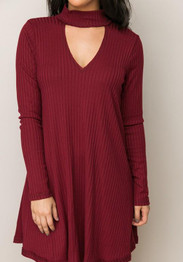 Casual Burgundy Cut Out Draped V-neck Long Sleeve Mini Dress