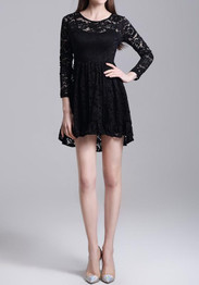 Casual Black Patchwork Lace Draped Round Neck Long Sleeve Elegant Mini Dress