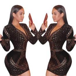 Rose Gold Geometric Sequin Long Sleeve V-neck Bodycon Club Wear Party Mini Dress