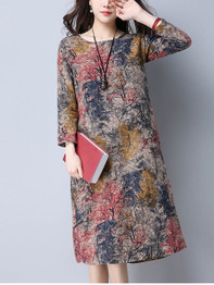 Casual Round Neck Allover Tree Printed Shift Dress