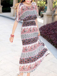 Casual Open Shoulder Maxi Dress In Paisley Striped Printed