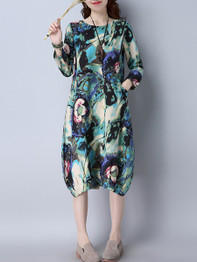 Casual Loose Printed Round Neck Pocket Shift Dress