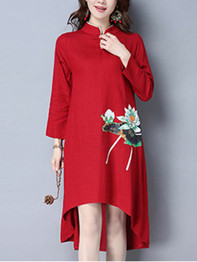 Casual High-Low Band Collar Slit Pocket Printed Shift Dress