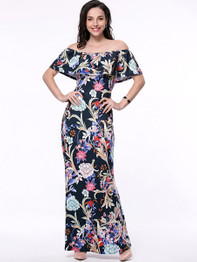 Casual Flounce Off Shoulder Floral Printed Maxi Dress