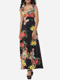 Casual Floral Printed Vintage Deep V Neck Maxi-dress
