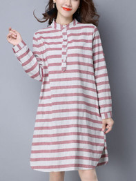 Casual Basic Band Collar Slit Pocket Striped Cotton/Linen Shift Dress