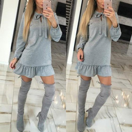 Casual Light Grey Plain Ruffle Bow Round Neck Long Sleeve Mini Dress