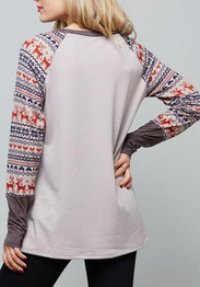 New Grey Patchwork Round Neck Long Sleeve Christmas Print Fashion T-Shirt