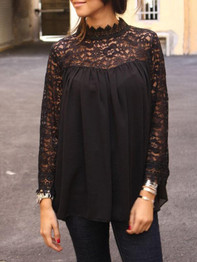 New Black Patchwork Embroidery Lace Draped Band Collar Long Sleeve Blouse
