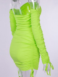 New Green Drawstring Cascading Ruffle Boat Neck Long Sleeve Casual Mini Dress