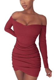 New Red Irregular Ruffle Boat Neck Long Sleeve Fashion Mini Dress