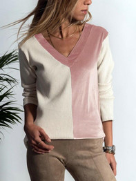 New Pink Patchwork Print V-neck Long Sleeve Fashion T-Shirt