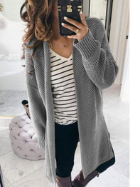 New Grey Patchwork V-neck Long Sleeve Casual Cardigan Sweater