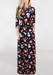 New Black Floral Draped Round Neck Long Sleeve Christmas Cute Maxi Dress