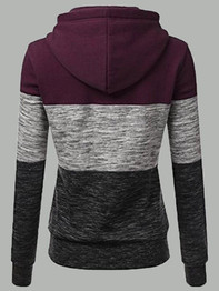 New Red Color Block Drawstring Pockets Hooded Long Sleeve Casual Sweatshirt