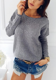 New Grey Patchwork Rhinestone Asymmetric Shoulder Long Sleeve Fashion T-Shirt