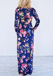 New Blue Floral Draped Pockets Round Neck Long Sleeve Casual Maxi Dress