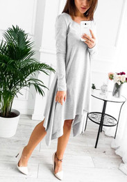 Grey Irregular Round Neck Long Sleeve Casual Mini Dress