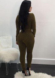Golden Lace-up Deep V-neck Long Sleeve High Waisted Club Long Jumpsuit