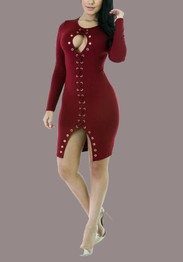 Burgundy Cut Out Lace-up Front Slit Clubwear Party Long Sleeve Midi Dress