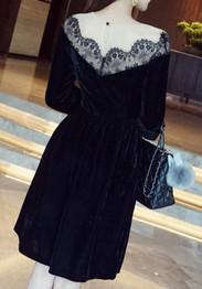 Black Patchwork Lace Grenadine Draped Round Neck Long Sleeve Midi Dress