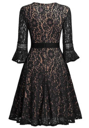 Black Patchwork Lace Draped Round Neck Long Sleeve Midi Dress