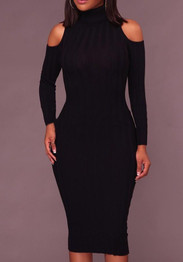 Black Long Sleeve Round Neck Slim fashion Midi Dress