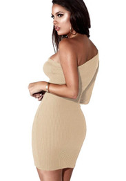 Beige Asymmetric Shoulder Draped Irregular Long Sleeve Mini Dress