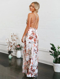 Floral V-Neck Split-front Backless Maxi Dresses