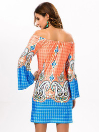 Beautiful Floral Bohemia Off Shoulder Long Trumpet Sleeve Bodycon Mini Dress