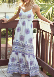 White Floral Spaghetti Strap Off Shoulder Backless Bohemian Beach Maxi Dress