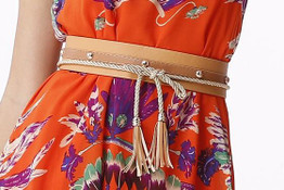Orange Floral Print Belt Draped Round Neck Casual Maxi Dress