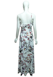 White Floral Print Draped Ruffle Backless Spaghetti Strap High Slit Maxi Dress