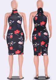 Black Floral Print Round Neck Fashion Midi Dress