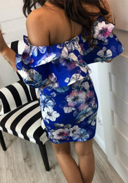 Blue Floral Print Boat Neck Short Sleeve Fashion Midi Dress