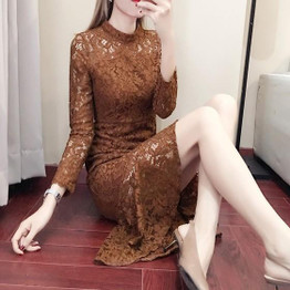 Caramel Colour Floral Lace Cut Out Band Collar Fashion Midi Dress