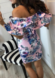 Pink Floral Print Boat Neck Short Sleeve Fashion Midi Dress