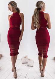Red Floral Lace Cut Out Halter Neck Bodycon Graduation Party Midi Dress