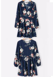 Navy Blue Floral Sashes Cut Out Ruffle V-neck Mini Dress