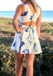 Blue Floral Pleated Zipper Cut Out Belt Mini Dress