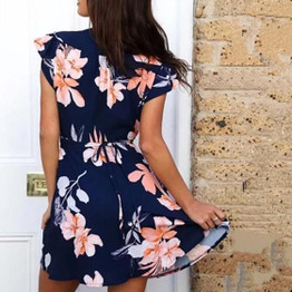 Navy Blue Floral Sashes Cut Out Plunging Neckline Mini Dress